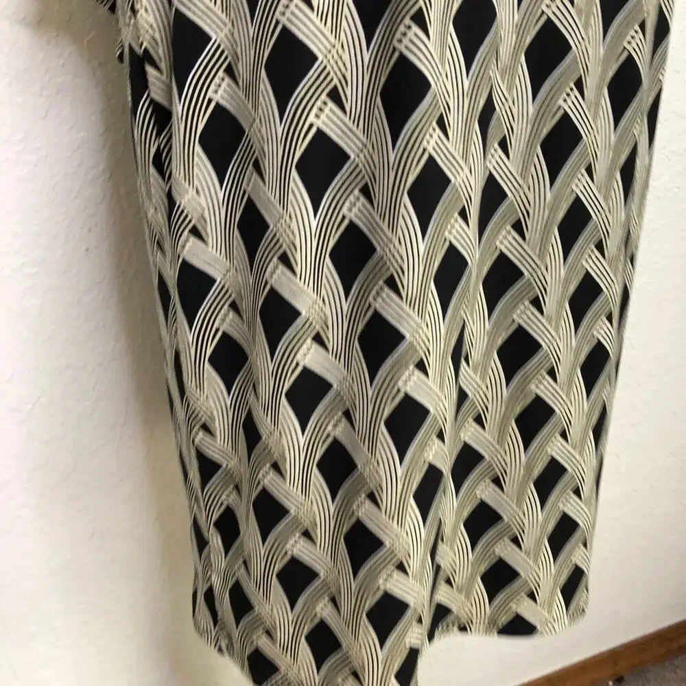 WHBM cream black art deco geometric faux wrap midi dress size 6
